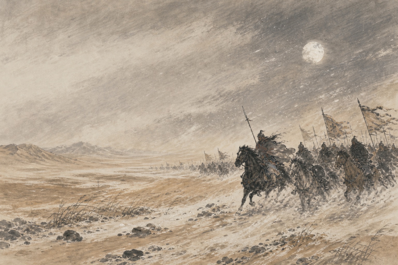《走马川行奉送出师西征》水墨写意插图：走马川风雪骤起，平沙、军马与旌旗被西征的急势卷入苍茫。