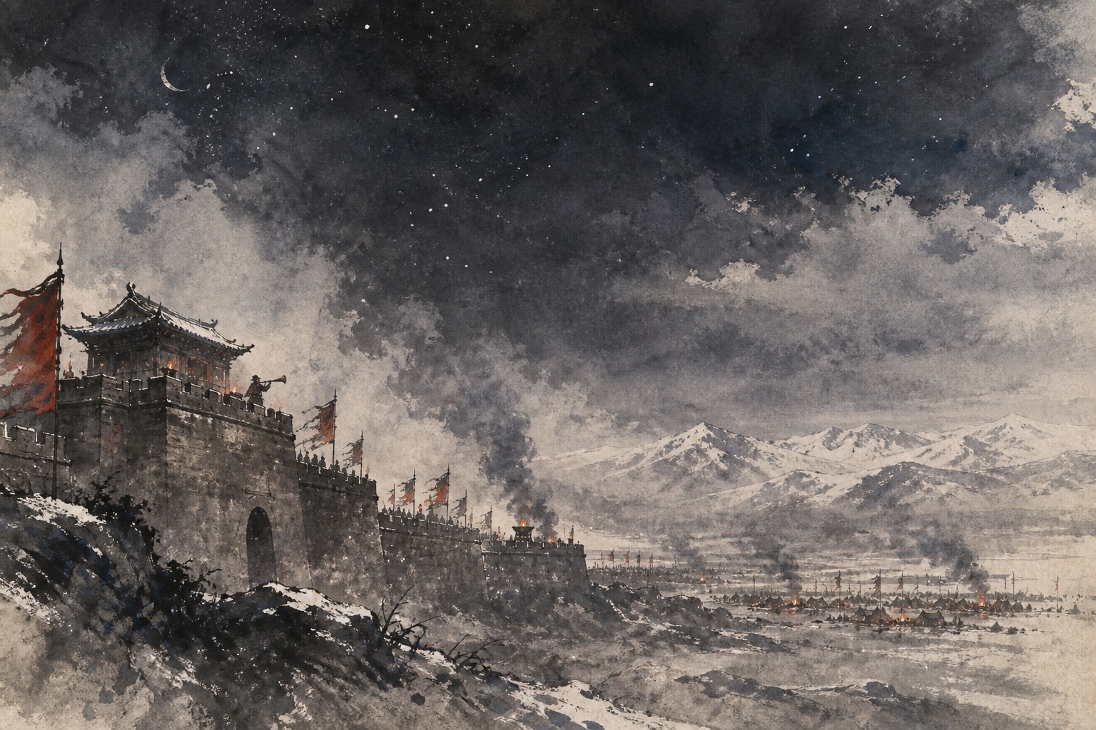 《轮台歌奉送封大夫出师西征》水墨写意插图：轮台夜角，戍楼烟尘，雪海阴山下军营连绵。