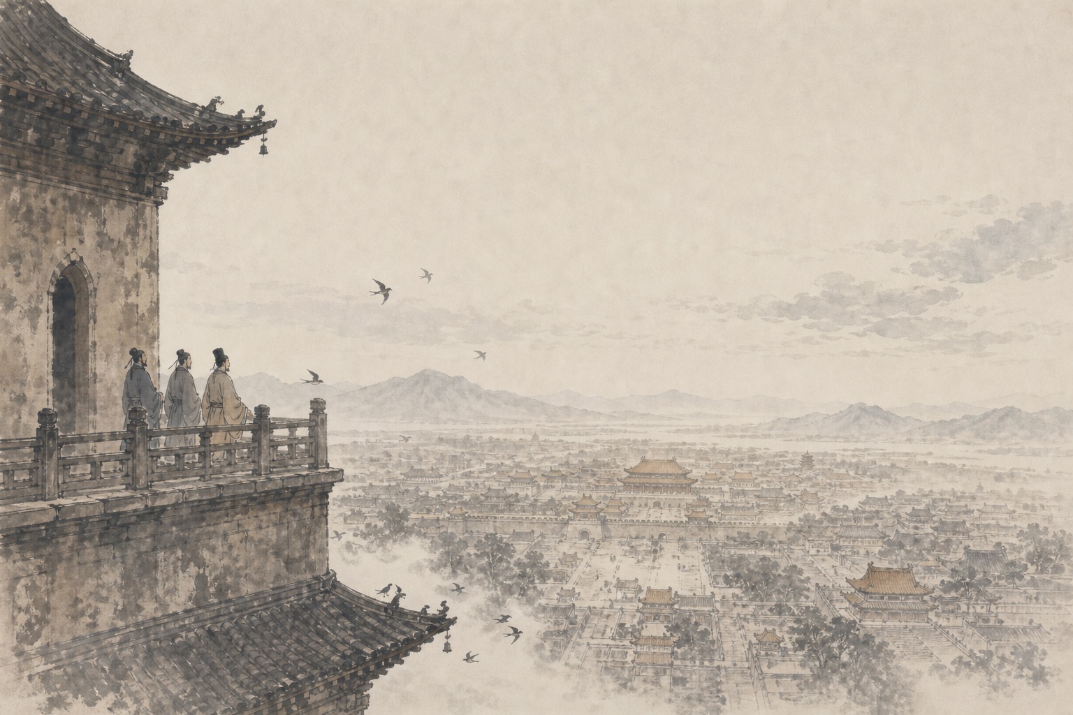 《与高适薛据登慈恩寺浮图》水墨写意插图：登上慈恩寺浮图，长安宫阙、原野与远山在高风中次第展开。