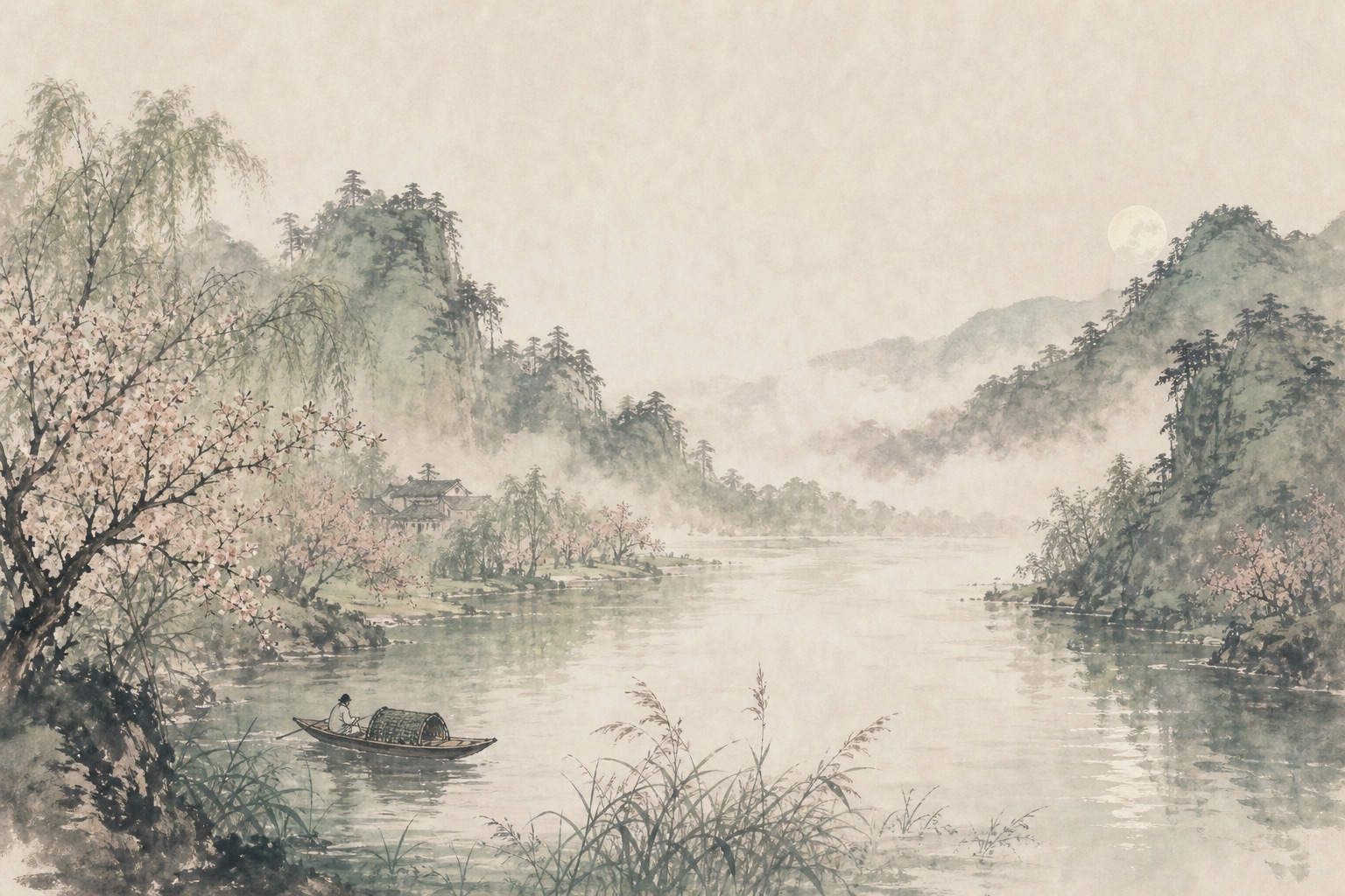 《春泛若耶溪》水墨写意插图：若耶溪春水载舟，花影、山烟与初月随波荡开。