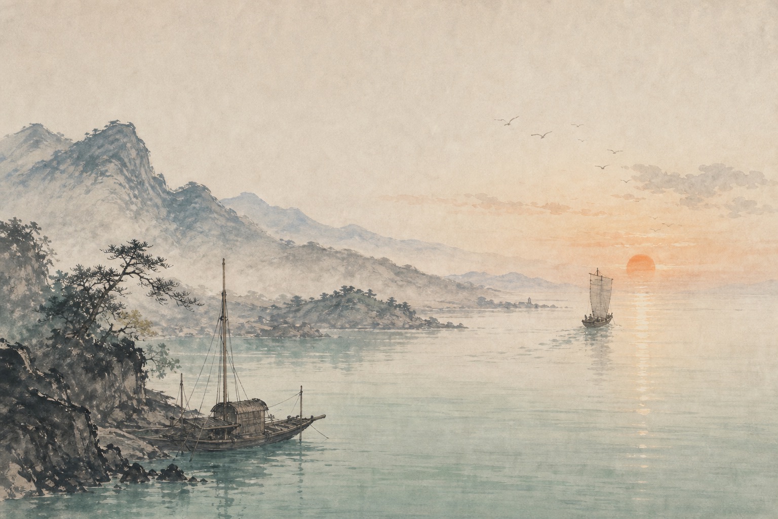 《次北固山下》水墨写意插图：北固山下潮平岸阔，风正一帆悬，海日与江春同生。