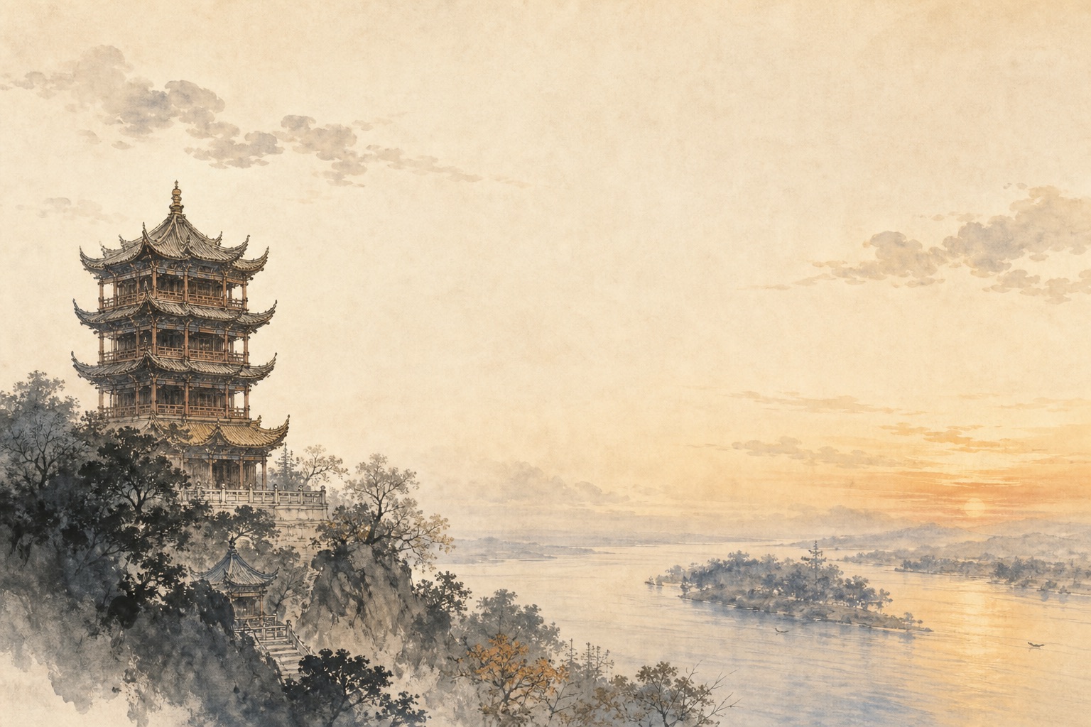 《黄鹤楼》水墨写意插图：黄鹤楼临江，白云千载悠悠；日暮烟波里，乡关渐远。