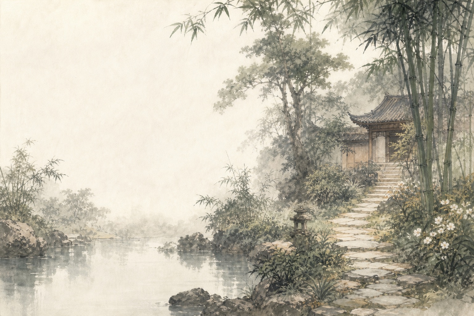 《题破山寺后禅院》水墨写意插图：竹径通幽，禅房花木深；山光潭影洗出一院清寂。