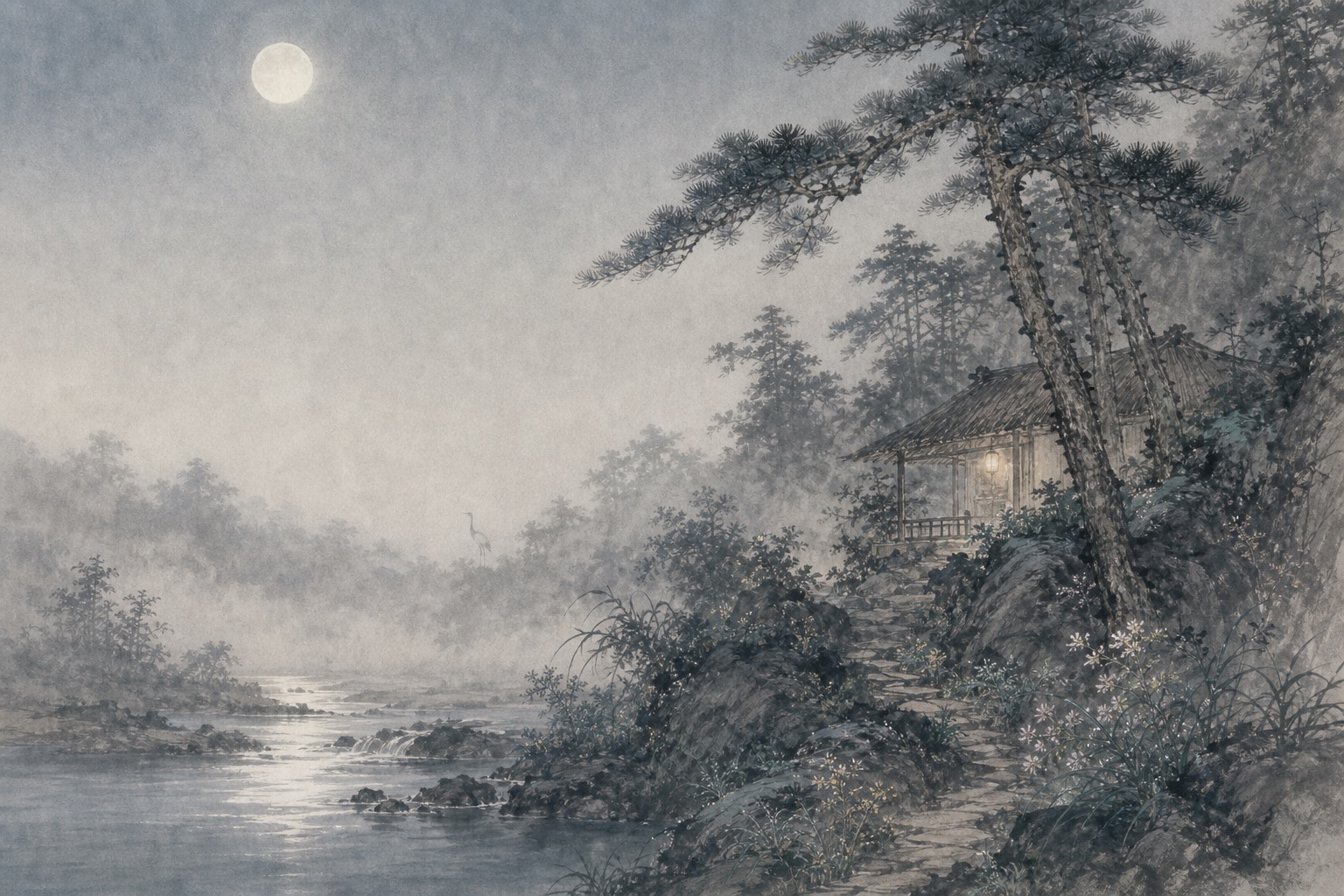 《宿王昌龄隐居》水墨写意插图：溪云松月护着幽居，苔径、花露与远鹤都在夜色里清寂。