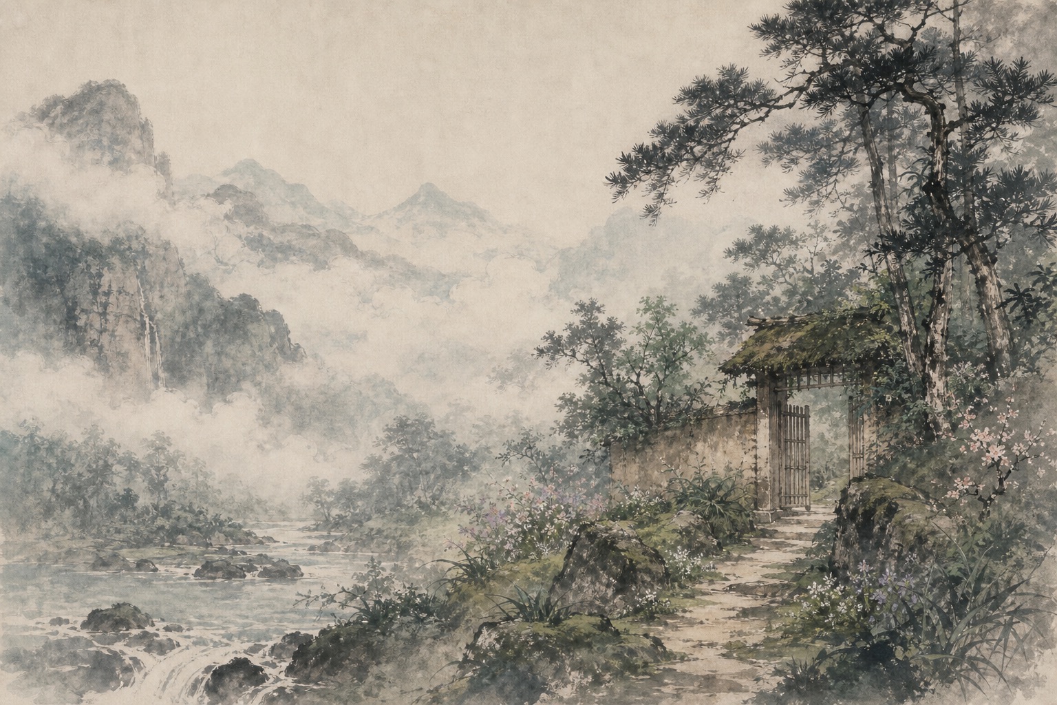 《寻南溪常山道人隐居》水墨写意插图：南溪山路苔深云白，雨后松门半掩，寻隐者的脚步入了溪声。