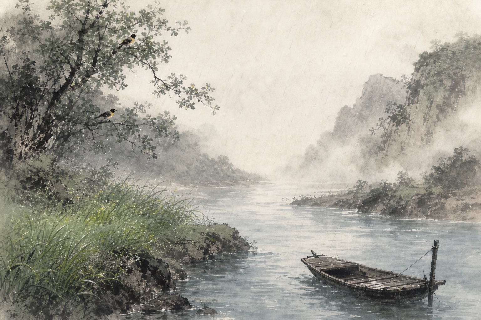 《滁州西涧》水墨写意插图：春潮带雨，野渡无人，西涧草树深处自有黄鹂清音。