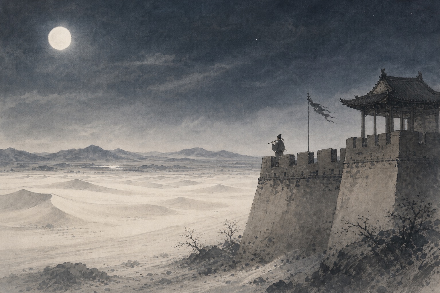 《夜上受降城闻笛》水墨写意插图：受降城外沙白如雪，月色如霜，一管芦笛吹动万里乡心。