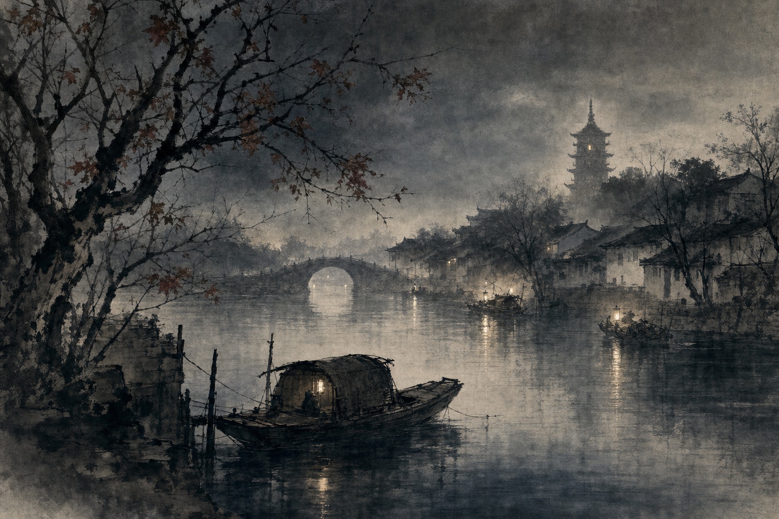 《枫桥夜泊》水墨写意插图：江枫渔火，寒山寺远，客船夜泊。