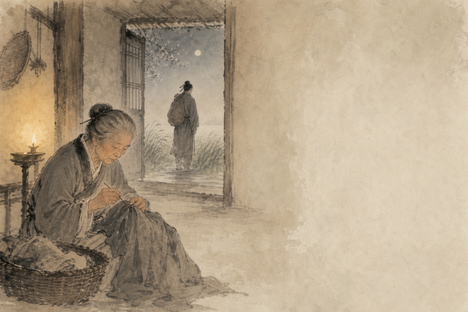 《游子吟》水墨写意插图：灯下密密针脚，门外春草无声；寸草之心，难报三春晖。