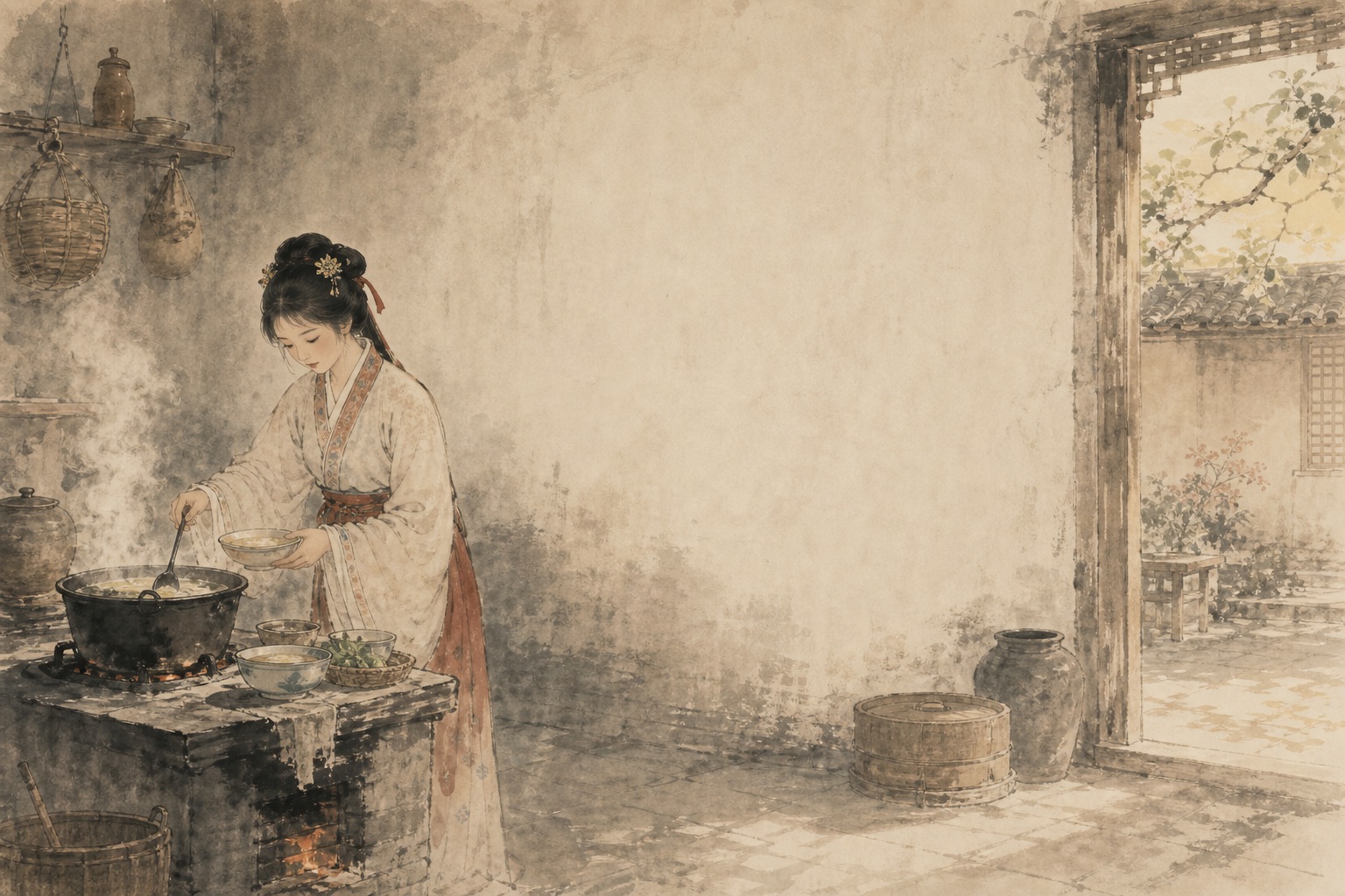 《新嫁娘词》水墨写意插图：新嫁娘晨起入厨，汤气微升，门外天光照着初入人家的忐忑。