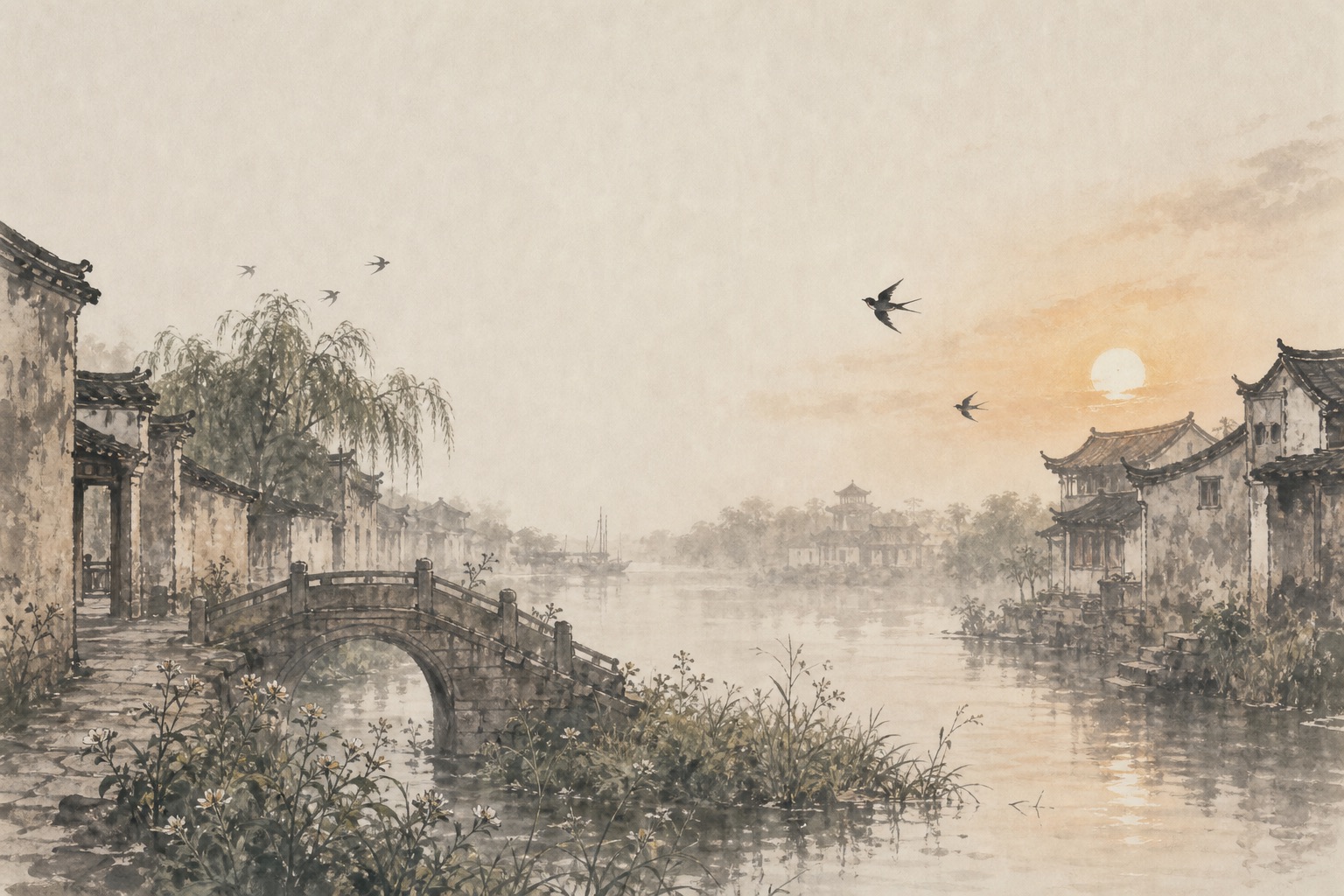 《乌衣巷》水墨写意插图：朱雀桥边野草花，乌衣巷口夕阳斜，旧燕飞入寻常人家。