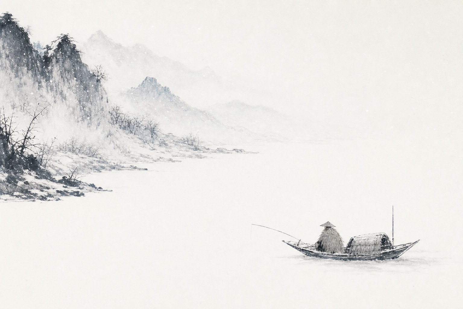 《江雪》水墨写意插图：千山鸟绝，万径人踪灭，天地只余孤舟蓑笠与寒江雪。