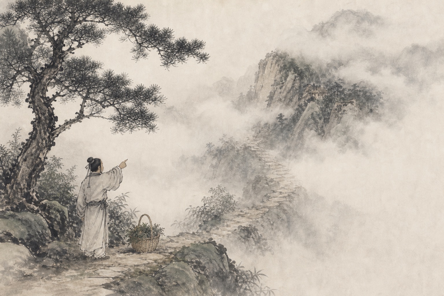 《寻隐者不遇》水墨写意插图：松下问童子，云深不知处；隐者只在山云缥缈之间。