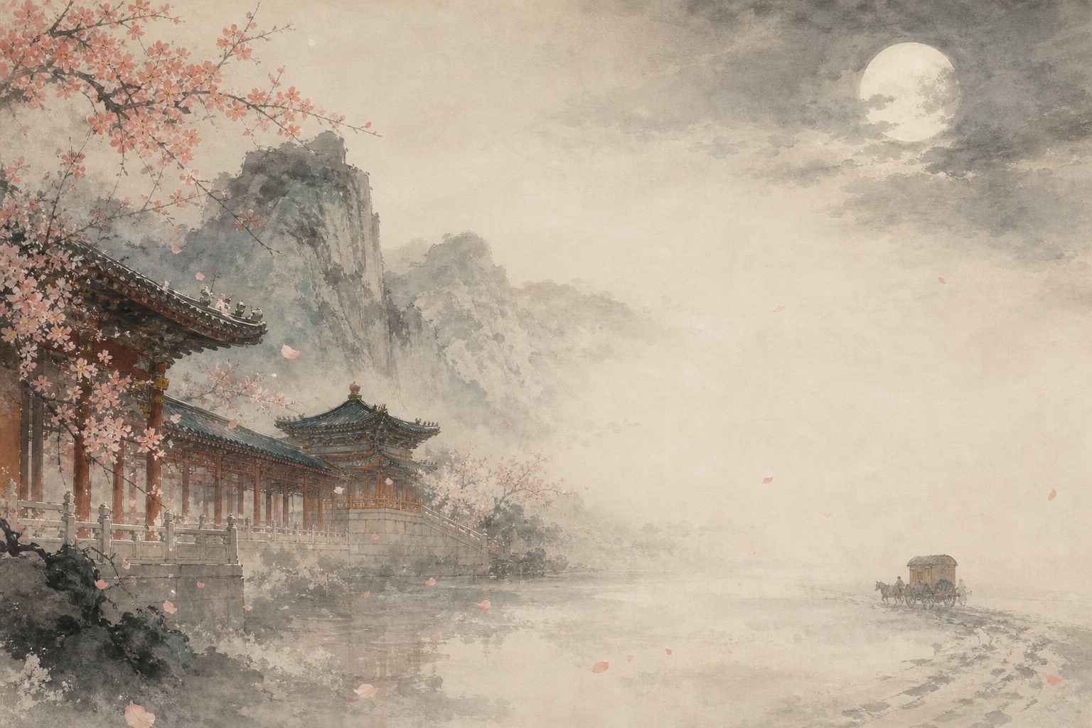 《长恨歌》水墨写意插图：骊山宫阙、春花与月色化作旧梦，盛世华光里藏着长恨余音。